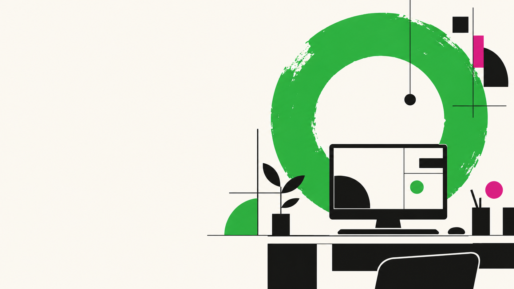 Geometric illustration of a desk with a computer, in the Original Computer brand colors
