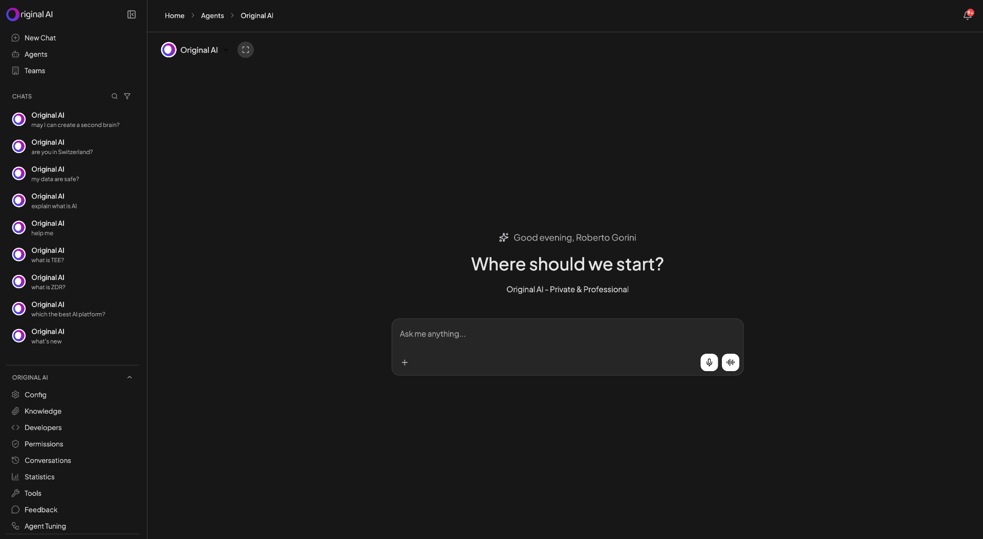 Original AI platform interface — agents, chats, and configuration